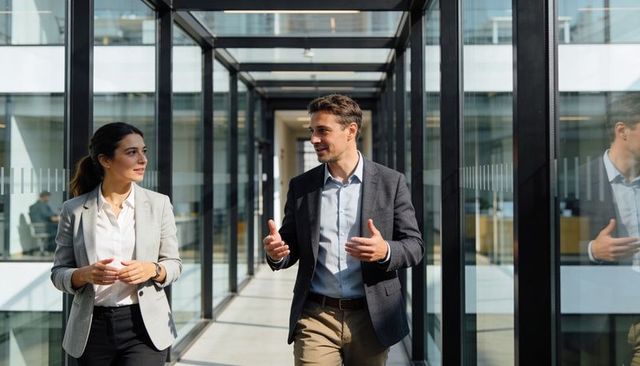 Colleagues walking and discussing strategy in modern glass corridor with natural daylight