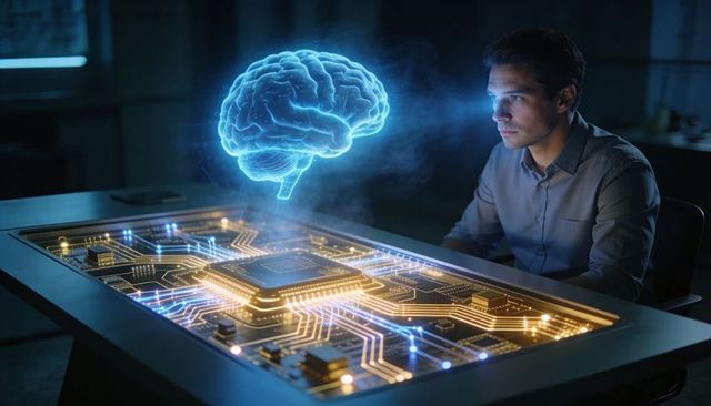 Scientist Analyzing Holographic Brain Projecting Above High-Tech Circuitry Worktable