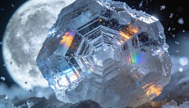 Luminous hexagonal ice crystal reflecting moonlight with prismatic flares