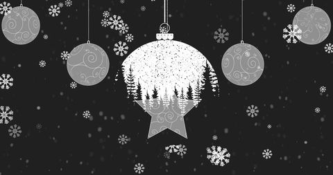 Festive christmas ornaments with falling snowflakes
