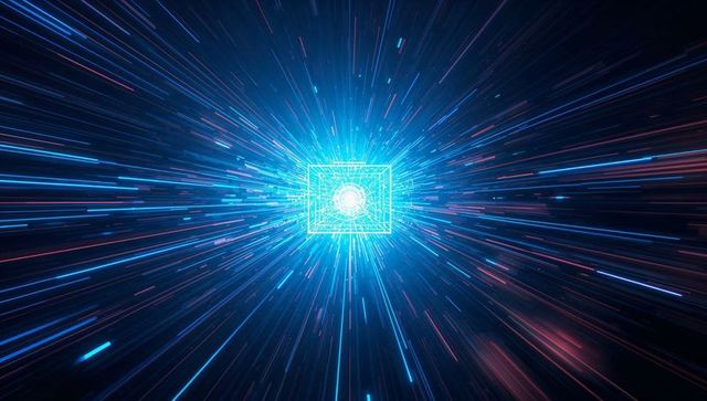 Futuristic Digital Tunnel with Glowing Frame and Radiant Streaks