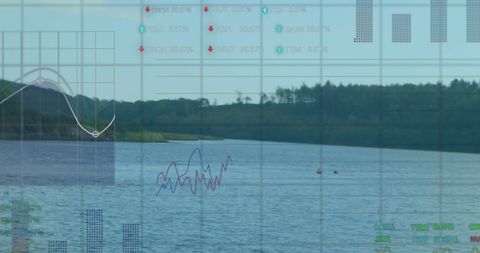 Advanced Data Processing and Stock Market Overlay on Scenic Landscape