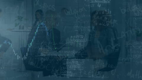 Diverse Business Team Amid Animated Mathematical Formulas Overlay