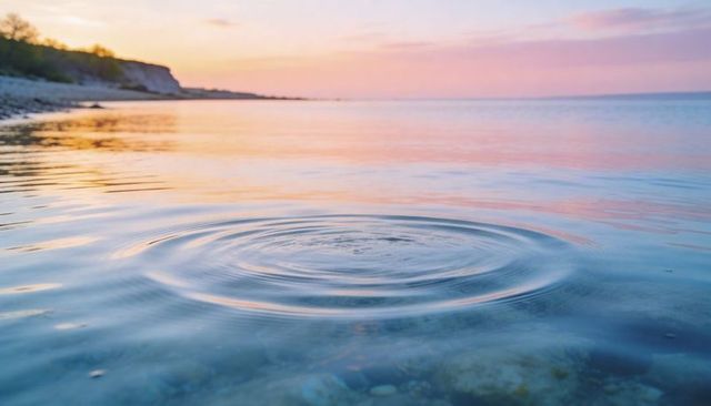 Sunset ripples over pebble beach with pastel sky and coastal bluff, calm shoreline rings