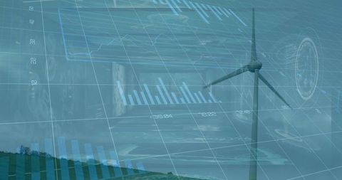 Wind turbine with holographic data projections on grassy hill