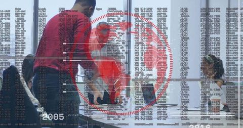 Corporate team collaborating on cybersecurity breach response with red code overlay