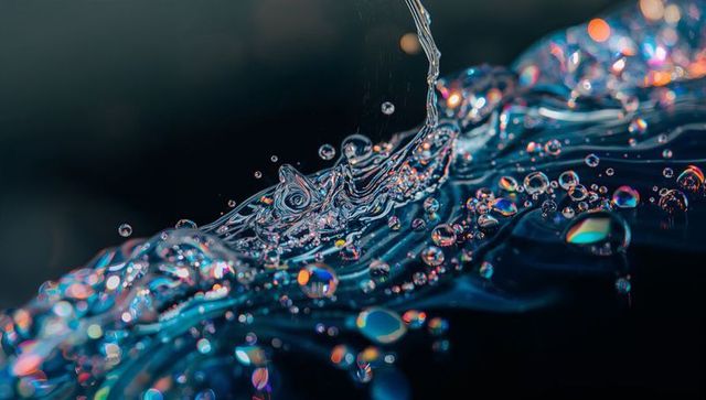 Iridescent water wave pouring stream with floating droplets and rainbow bokeh