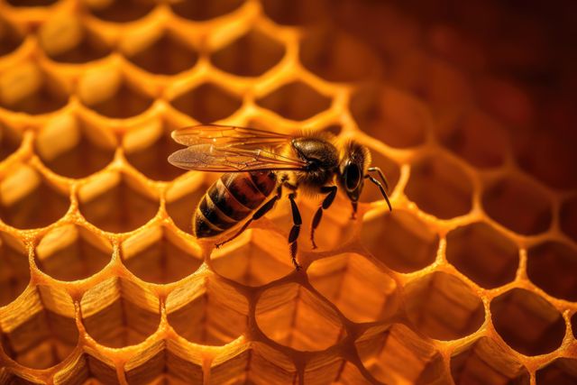 Close up of bee on honeycomb created using generative ai technology. Nature, animals and insects concept digitally generated image.
