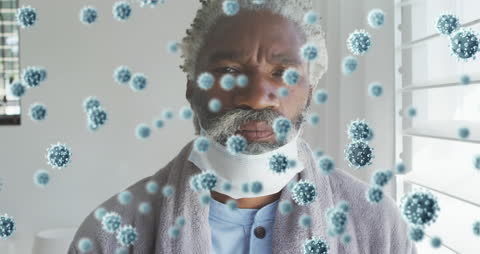 Senior man wearing medical mask with floating virus particles