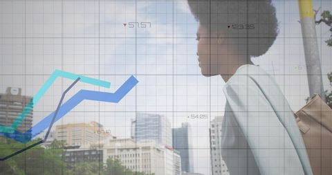 Businesswoman standing by urban skyline viewing financial analytics and growth charts