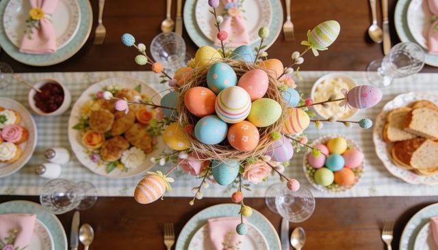 Pastel easter nest centerpiece with decorated eggs and brunch table styling spring tablescape