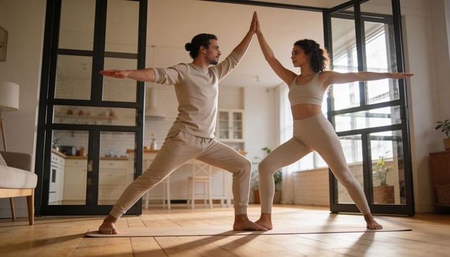 Couple practicing partnered warrior ii pose in sunlit minimalist open-plan home