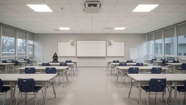 Spacious modern classroom with instructor checking tablet at front, rows of blue chairs