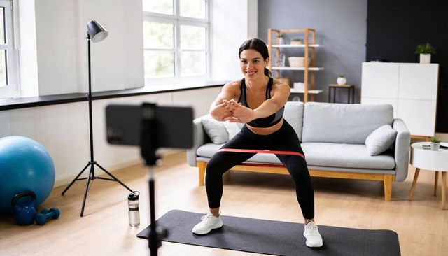 Home fitness: woman performing resistance band squats recording workout in minimalist living room