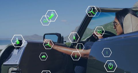 Eco-friendly technology with young woman driving convertible