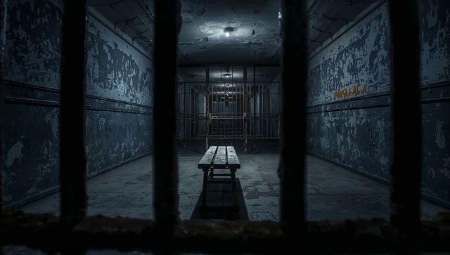 Gritty Abandoned Prison Corridor with Wooden Bench