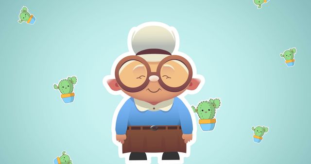 Cute Grandmother with Giant Glasses and Cacti in Fun Animation Style - Download Free Stock Images Pikwizard.com