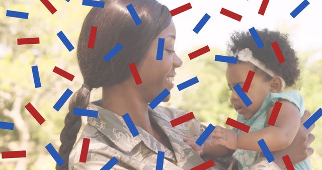 Composition of red and blue confetti, over smiling mother soldier holding daughter. patriotism, independence, military and celebration concept digitally generated image.