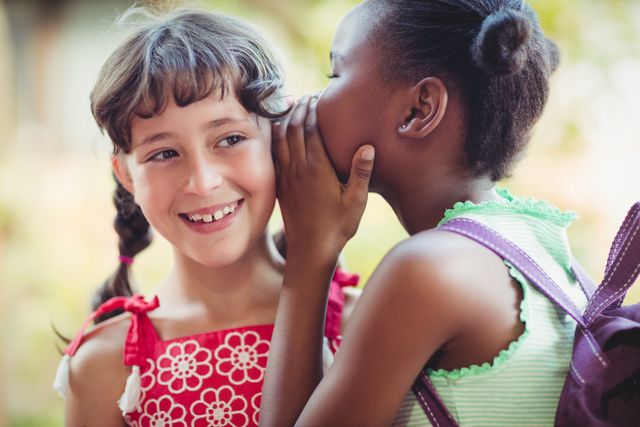 Two young girls are outdoors, one whispering a secret into the other's ear while both are smiling. This image captures the essence of childhood friendship and playful communication. It can be used for themes related to friendship, childhood, communication, and happiness in educational materials, advertisements, or social media campaigns.