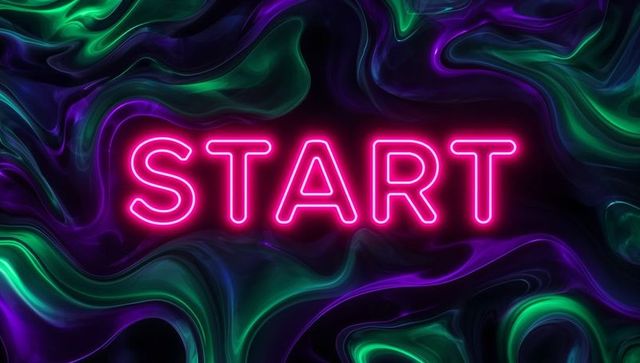 Vibrant neon sign casting glow on abstract fluid waves