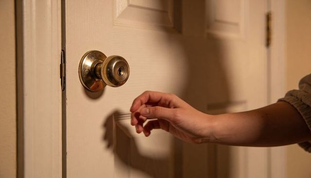 Reaching hand grasping brass doorknob casting shadow in warm hallway light