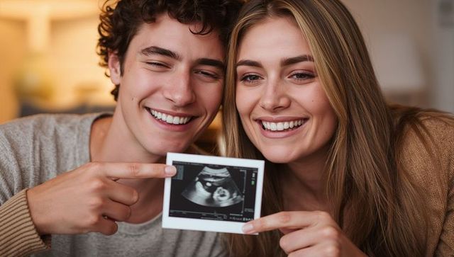 Smiling couple holding and pointing at ultrasound sonogram, celebrating pregnancy at home