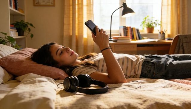 Female student reclining on bed using smartphone with headphones in cozy sunlit bedroom study