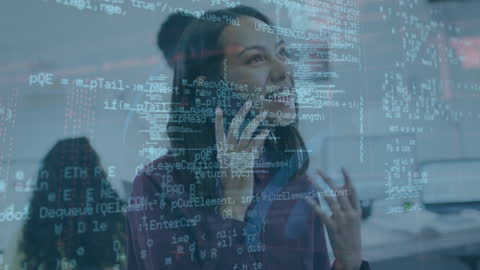 Smiling Businesswoman Engaged with Digital Data and Networks