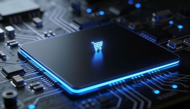 Neon shopping cart on glowing microchip representing digital commerce and e-commerce technology