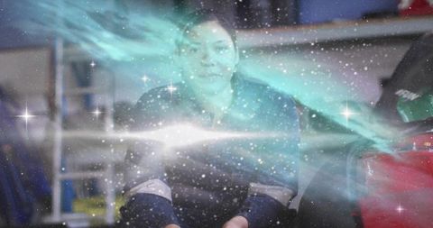 Mechanic in Garage with Futuristic Cosmic Overlay