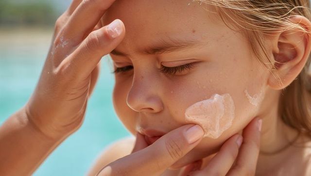 Applying sunscreen to child cheek at poolside, caregiver hands protecting skin