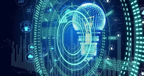 Futuristic digital interface with data analytics on dark background