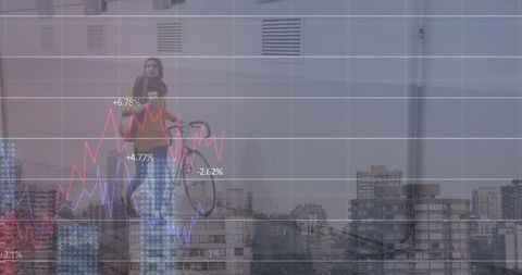 Woman in Hijab with Bicycle Surrounded by Financial Graphs on City Rooftop