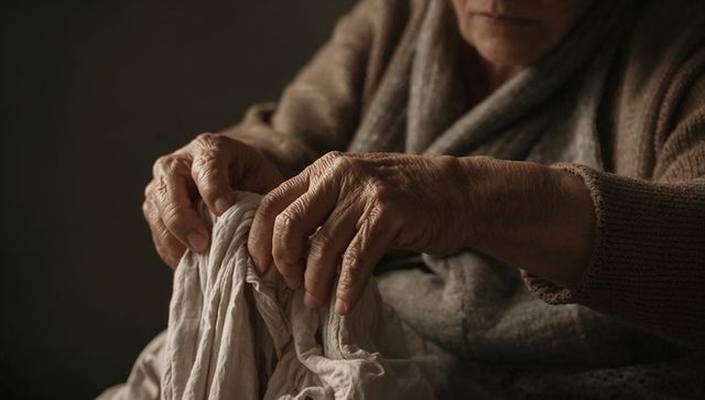 Elderly woman folding wrinkled linen with veined hands, warm intimate domestic care