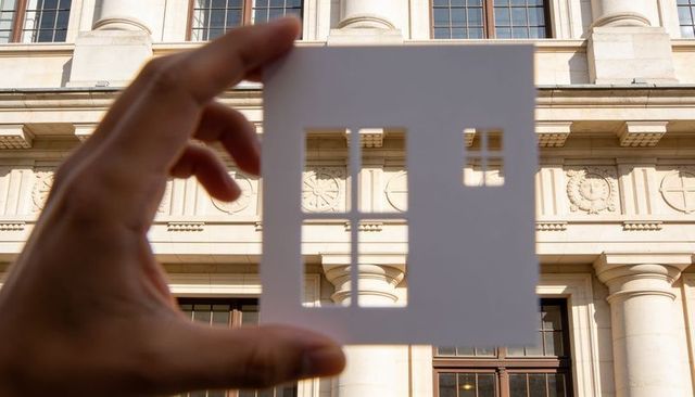 Hand holding paper cutout framing neoclassical facade with columns and architectural reliefs