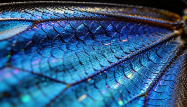 Iridescent blue butterfly wing macro revealing scales, veins and prismatic highlights