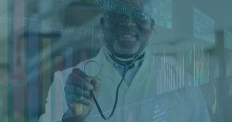 Senior Doctor Analyzing Digital Medical Data with Stethoscope