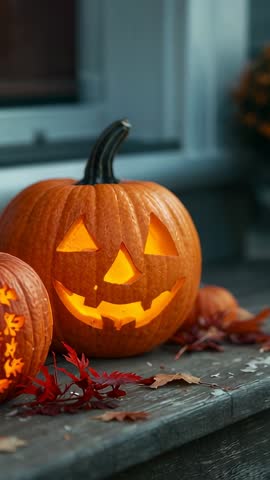 Panning into glowing jack-o'-lantern on rustic bench, candlelight flickering, vertical Halloween cli
