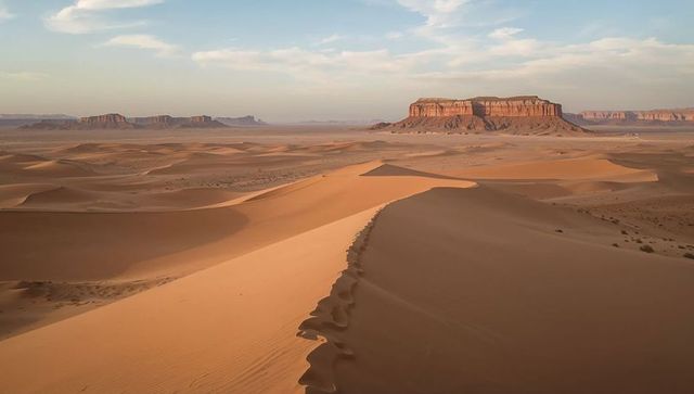 Windsculpting golden dune ridge leading toward towering sandstone mesas beneath pastel sky