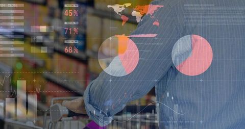 Retail analytics overlay shopper pushing cart in grocery aisle with AR inventory charts