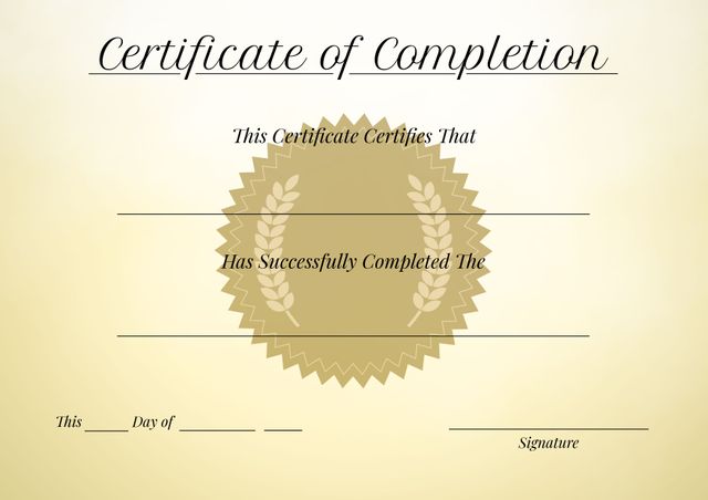 This certificate of completion features an elegant gold seal design, with customizable fields for recipient's name, completion date, and event details. Ideal for educational institutions, corporate training programs, award ceremonies, and recognition events. The sophisticated layout ensures a professional and polished presentation for acknowledging achievements.