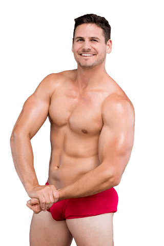 Muscular Athlete Flexing in Red Shorts on Transparent Background