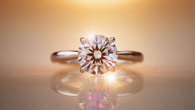 Round Brilliant Diamond Solitaire Ring on Mirrored Surface with Warm Golden Sparkle