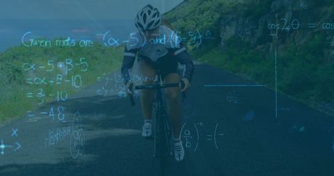 Caucasian Female Cyclist Riding with Overlay of Mathematical Equations