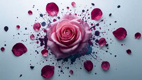 Pink rose with creative paint splash and petals
