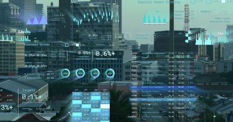 financial data overlay on urban skyline representing global business analysis - Download Free Stock Images Pikwizard.com