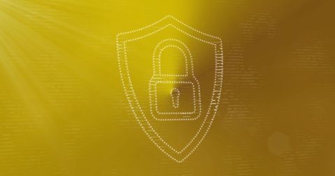 abstract depiction of cybersecurity with a stylized padlock inside a shield on a dynamic yellow background. the illustration conveys the concept of digital protection, data privacy, and advanced technology. useful for promoting cybersecurity services, technology blogs, or digital information websites.