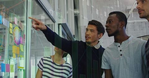 Team Collaboration on Innovative Strategy with Glass Pane Brainstorming