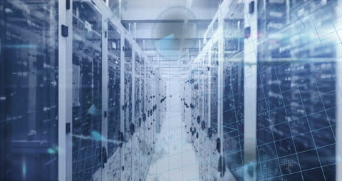 Digital Data Flow in Server Room with Futuristic Interface