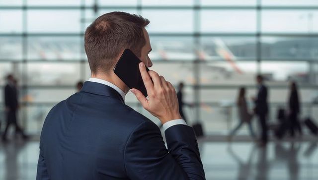 Businessman in Suit Talking on Phone at Airport Terminal